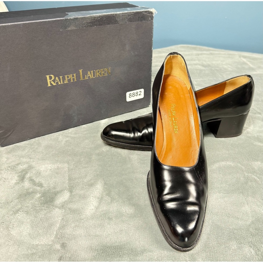 Ralph Lauren Downing Pump Womens 8B Black Leather Block Heel Italy